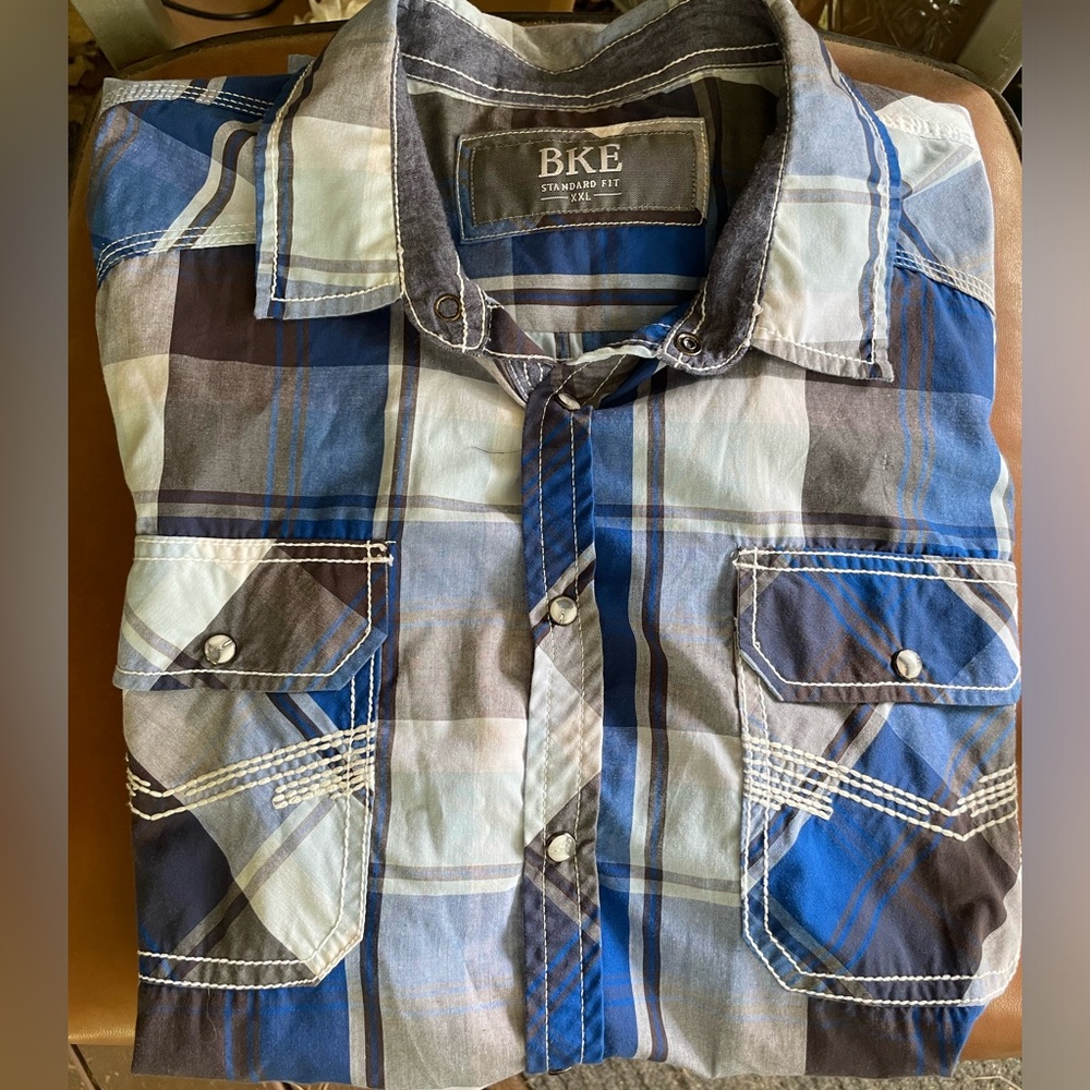 BKE Men’s Blue Shirt Short Sleeve Pearl Snap Buttons